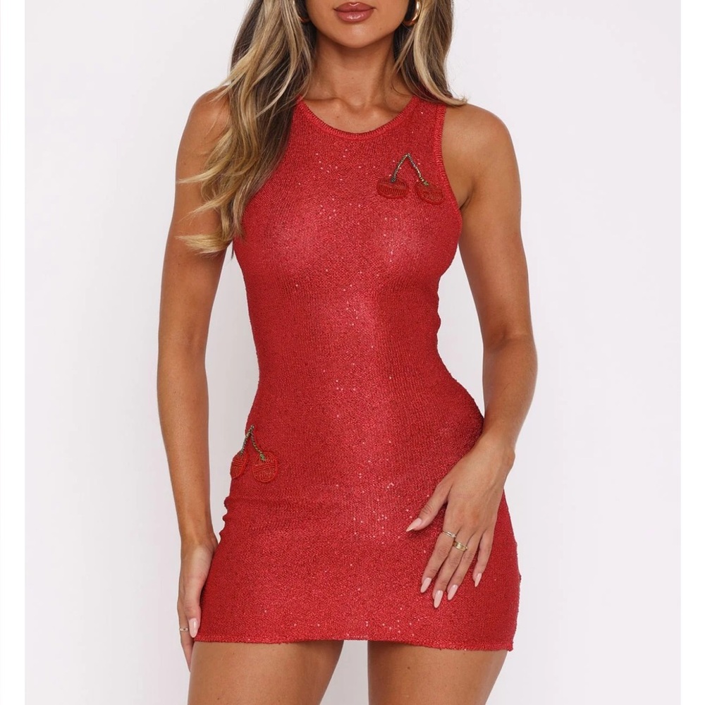 White Fox Inside Your Love Sequin Knit Beaded Red Cherry Mini Dress 🍒